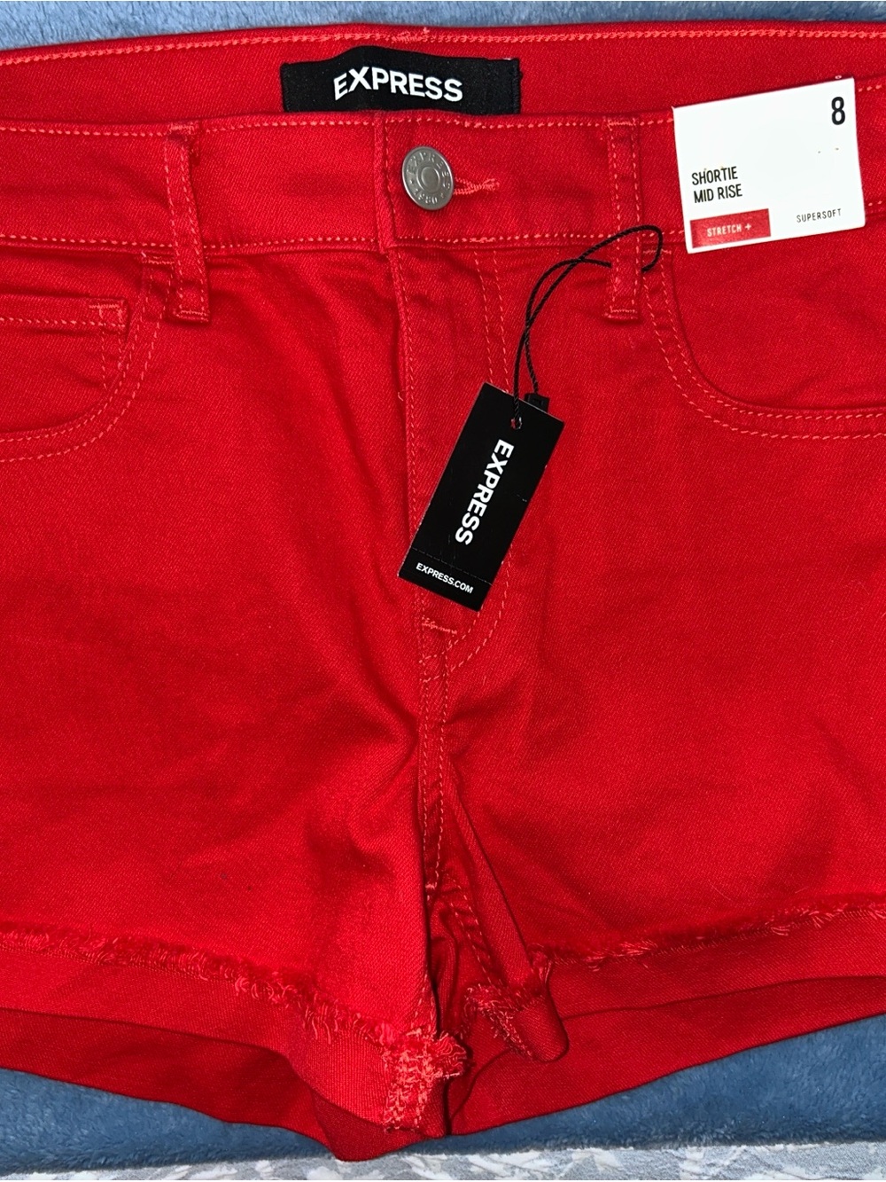 Express Women's Bright Red Shortie Mid Rise Jean Shorts NWT